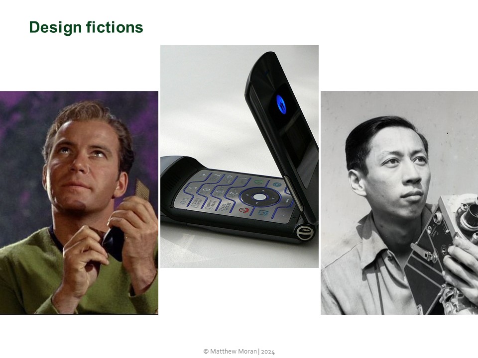 Picture shows William Shatner as Captain Scott in the sci-fi series Star Trek, holding the folding communicator device, and looking up into the purple sky.

Picture shows the Motorola Razr folding mobile phone, the design of which was taken from the Start Trek communicator device.

Picture is a black and white image of Wah Chang, the American designer, sculptor and artist best known for his work on scenes and props for the sci-fi series Star Trek. Here Chang poses with a film camera.

